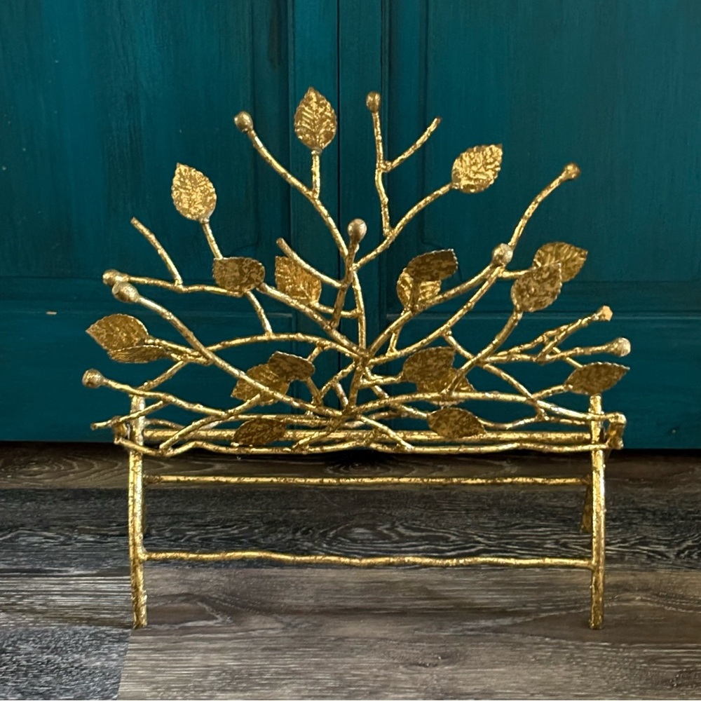 Magazine Rack Gold Guilted Iron Leaf Branch Design